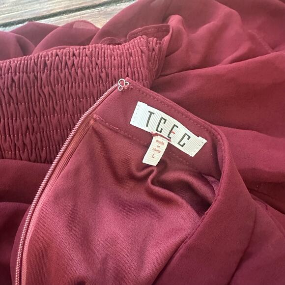 TCEC Maroon Chiffon Smocked Ruffle Dress Large Holiday Event Party - Picture 3 of 8